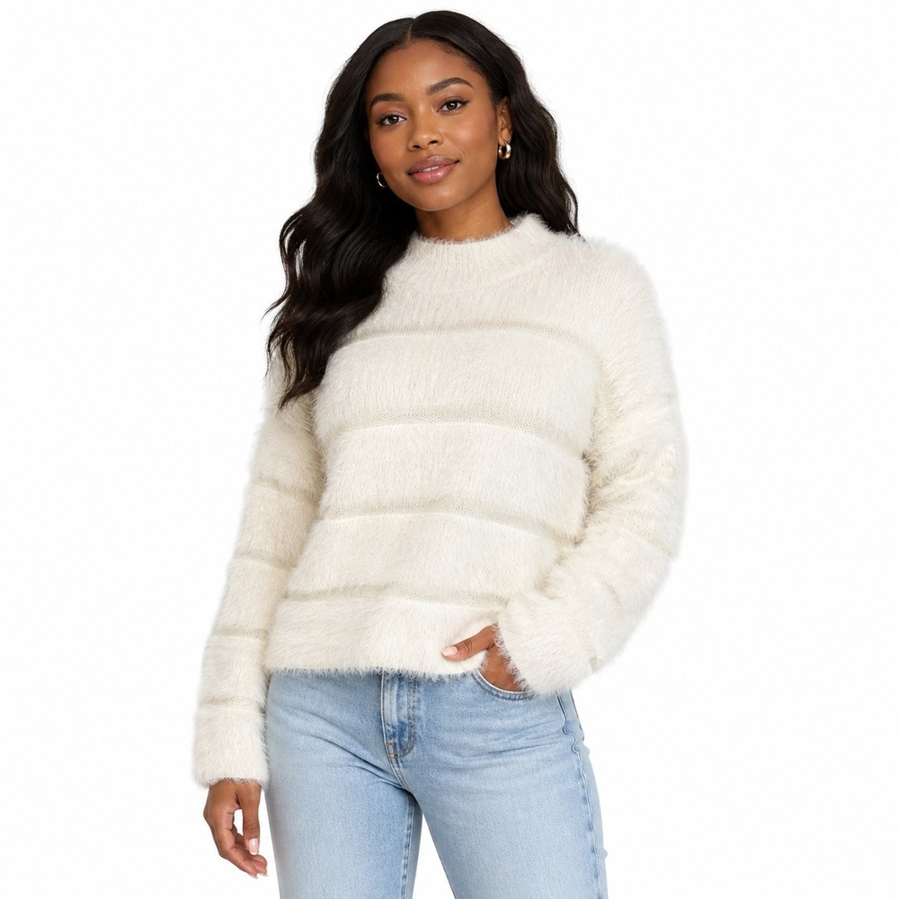 Freshman 1996 Women Cream Eyelash Knit Fuzzy Crew Neck Sweater Small Cozy Winter